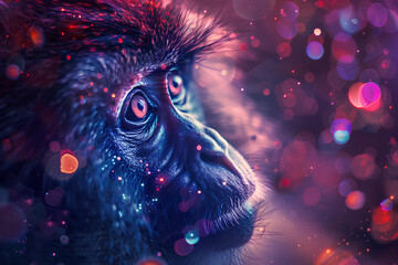 Wall Mural - a monkey, neon, dark background, beautiful cosmic monkey with a piercing gaze