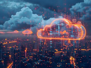 Poster - futuristic cloud computing technology landscape over city skyline