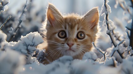 Wall Mural - a cute kitten sitting outdoors looking at the camera, surrounded by snow