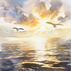 Watercolor painting of a peaceful sunrise over the ocean, with golden hues reflecting off the water and seagulls soaring overhead, on isolated white, Generative AI