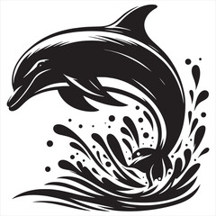 Wall Mural - Dolphin jumping black & white silhouette vector with white background