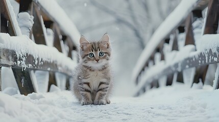 Wall Mural - a cute kitten sitting outdoors looking at the camera, surrounded by snow