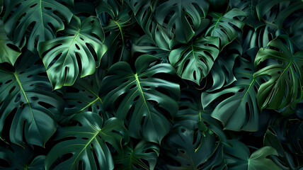 Wall Mural - A background of dark green monstera leaves.