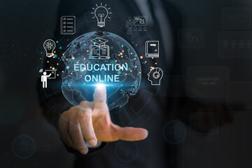 Wall Mural - human with technology internet learning and study online class webinar technology, e-learning, onlin