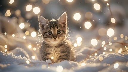 Wall Mural - a cute kitten sitting outdoors looking at the camera, surrounded by snow