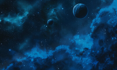 Mysterious planets amidst cosmic nebulae in a deep blue celestial expanse