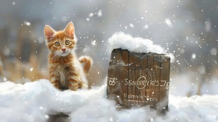 Wall Mural - a cute kitten sitting outdoors looking at the camera, surrounded by snow