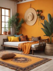 Wall Mural - minimalist composition of boho ethno living room with daybed, pillows, hanging decoration