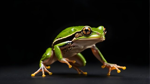 Tree frog jumping isolated on black background