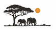 © Noble Nature - lever de soleil dans la savane, 2 éléphants sous un acacia avec un soleil orange qui se lève dans le ciel Sur fond blanc avec espace négatif copyspace