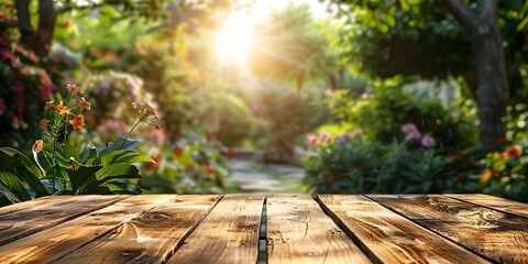 Poster - Serene Patio Table in Blurred Garden Setting with Natural Morning Light for Product Presentation