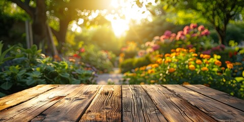 Wall Mural - outdoor patio table with blurred garden background in natural morning light