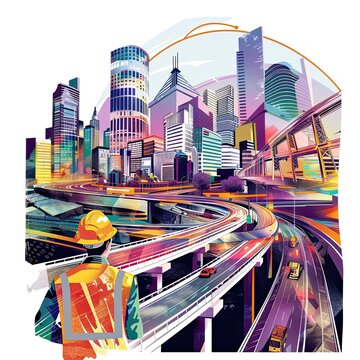A colorful illustration with new buildings of the city and roads with a silhouette of a builder in a helmet from below. The construction concept.