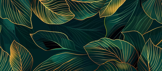 Wall Mural - green foliage golden line luxury texture banner background