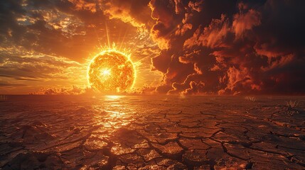Wall Mural - A sun emitting scorching rays onto a cracked, dry earth conceptual illustration of the extreme heat waves caused by global warming.