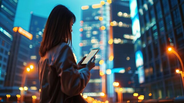 Young woman holds smartphone and flips through information on gadget screen standing against big modern financial centers in evening