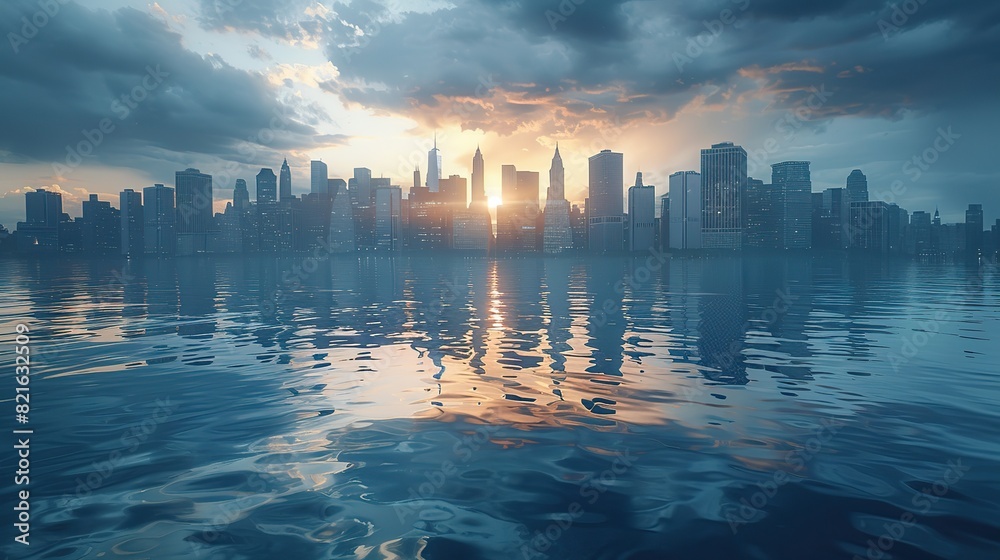 A cityscape submerged in rising sea levels with skyscrapers peeking ...