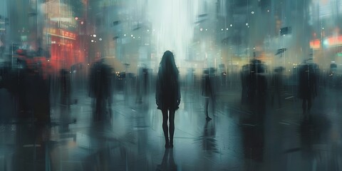Fototapete - Solitary Figure Amid the Crowd Exploring Emotions of Isolation and Disconnection in Urban Landscapes