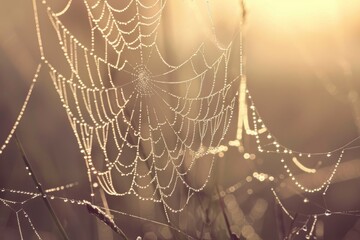 A spider web with dew drops on it. The web is very intricate and has many strands