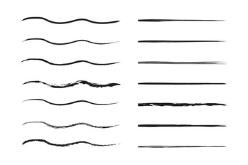 Charcoal strokes. Set of black hand drawn brush lines different forms on white background. Rough charcoal strokes. Collection of vector grunge brushes. Vector horizontal chalk lines drawn by hand.