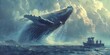 © Thares2020 - Majestic Whale Breaching in Stormy Seascape with Adventurous Whale Watching Boat