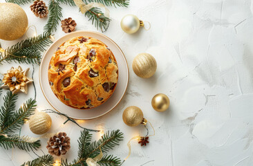 Wall Mural - panettone, christmas cake on table with white background, golden decorations and presents around it