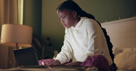 Poster - Laptop, night and student black woman on bed in home for distance learning or remote education. Computer, evening research and notebook with college or university person study in apartment bedroom