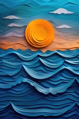 Wall Mural - A paper cutout of a sun and ocean waves