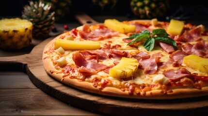 Wall Mural - A pizza with ham and pineapple toppings sits on a wooden board. The pizza is topped with green basil leaves