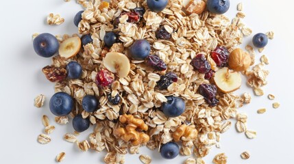 Wall Mural - A bowl of cereal with blueberries, nuts, and raisins. Concept of abundance and variety, as the cereal is made up of different types of grains and fruits. The colors of the cereal are bright