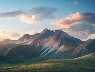 Wall Mural - The mountains are covered in snow and the sky is cloudy. The mountains are very tall and the sky is a mix of blue and white