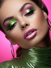 Wall Mural - A woman with green and pink makeup on her face. She has green eyeshadow and pink lipstick