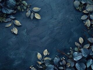 A blue background with gold leafy green leaves. The leaves are arranged in a way that they look like they are floating in the air. The background is a deep blue color