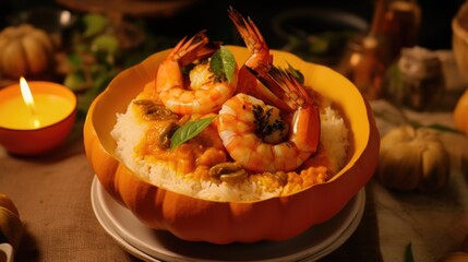 Wall Mural - A bowl of shrimp and rice is served in a pumpkin. The dish is served on a table with other food items, including a pumpkin and a candle. Scene is warm and inviting, with the pumpkin