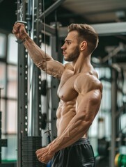 Poster - A man with a muscular body is working out in a gym. He is lifting weights and has a determined look on his face. Concept of hard work and dedication to fitness