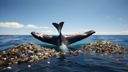 Wall Mural - A whale tail resting on the ocean's surface, surrounded by trash bottles against a clear blue sky