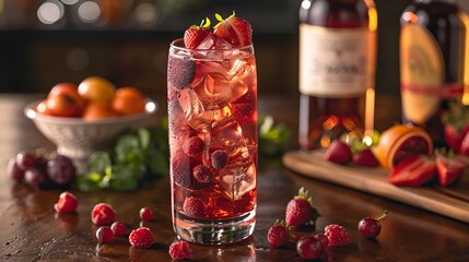 Wall Mural - A tall glass of iced sangria filled with red wine, chopped fruits, and a splash of brandy, perfect for a summer gathering.