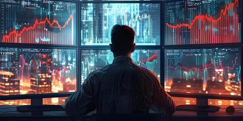 Poster - Focused Businessman Analyzing Financial Data on Multiple Digital Screens for Business and Investment Decisions