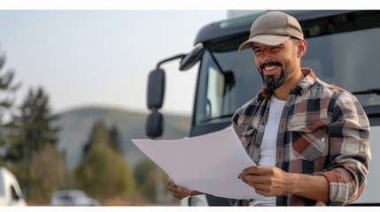 Wall Mural - Young indian male truck driver or owner checking paper