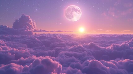 Sticker - An illustration of a sunset with high, pastel-colored clouds, featuring pink and purple hues, a moon, stars, and the Milky Way