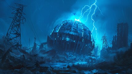 Poster - Depict an apocalyptic scene of the Tacoma Dome with a blue lightning storm, featuring blue highlights and neon blue accents