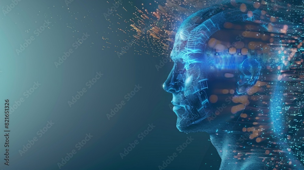 The side profile of a digital human head made of circuitry, against a ...