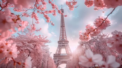 Eiffel Tower with Blooming Cherry Blossoms
