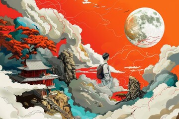 Wall Mural - Japan art style creative design with elements of modern education, forming a surreal dreamscape highlighted by an illustration template