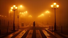 A Lone Pedestrian Crosses Under Vintage Streetlights On A Misty Night, Casting Ethereal Shadows.