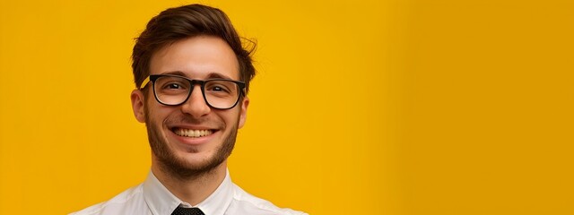 Wall Mural - Confident Young Corporate Executive Smiles Purposefully Against Vibrant Yellow Background