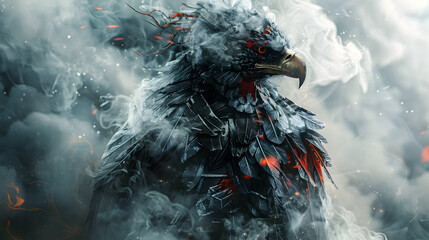 Sticker - Awe-inspiring Cyborg Eagle Warrior Blending Organic and Synthetic Elements in Swirling Luminous Smoke