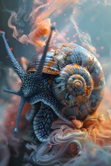 Sticker - Breathtaking Fusion of Organic and Technological Brilliance:Cyborg Snail Warrior Enveloped in Swirling Ethereal Haze