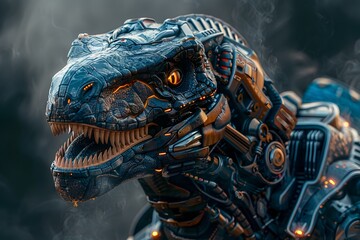 Canvas Print - Cyborg Dinosaur Warrior:A Fusion of Ancient Might and Futuristic Cybernetic Augmentations,Showcasing Intricate Details and Dramatic Lighting in a