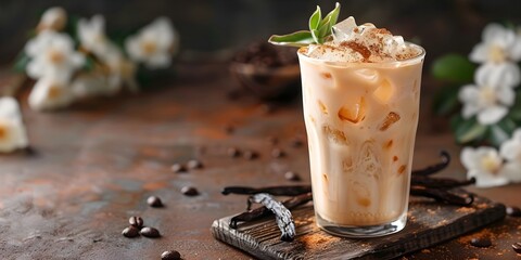 Wall Mural - Iced Vanilla Latte in a Tall Glass with Fresh Vanilla Beans Beside It Offering a Bright and Refreshing Coffee Experience